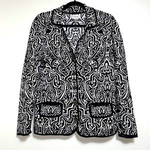 Chico’s black white Geometric Design Silk Cotton Cardigan Jacket Size 1